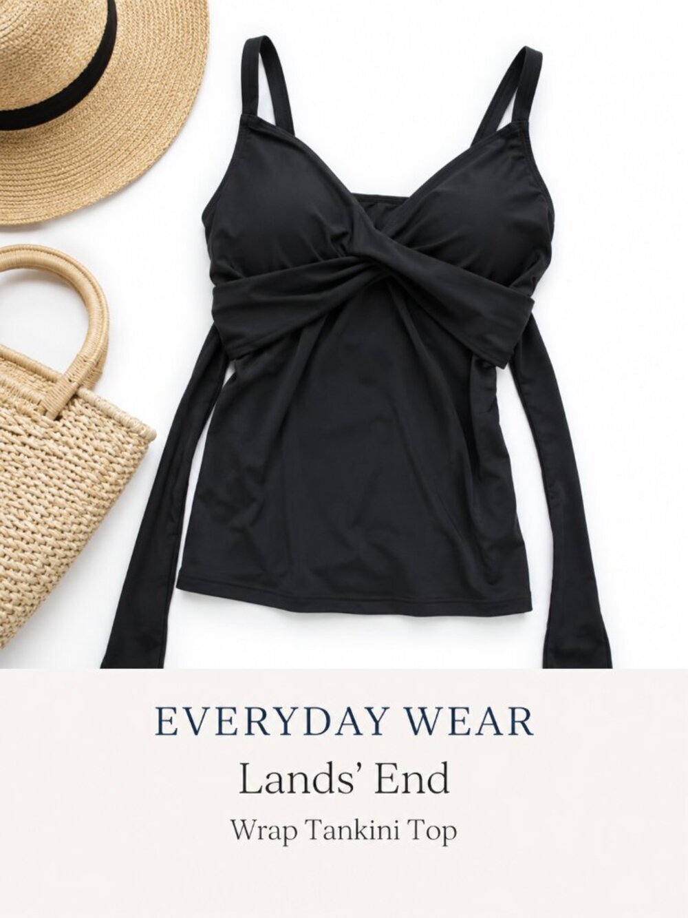 Lands' End Black Wrap Tankini Top Side Tie Adjustable V Neck Swim Size 12